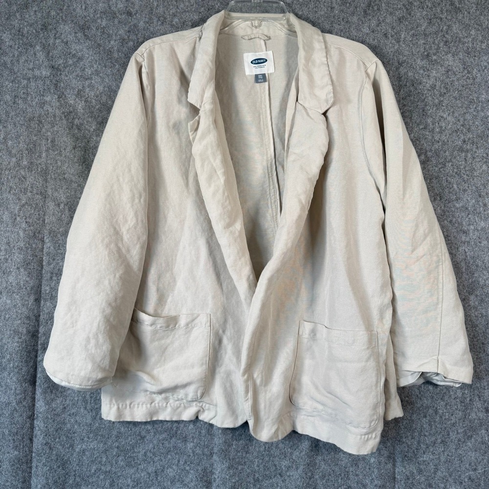 Old Navy Linen Blazer Womens XXL Beige Open Front Lagenlook Boho Jacket